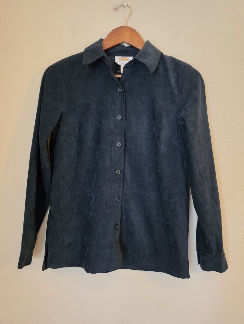 Talbots Stretch Velour Shacket Womens Petite Dark Green Button Down Retro Luxury